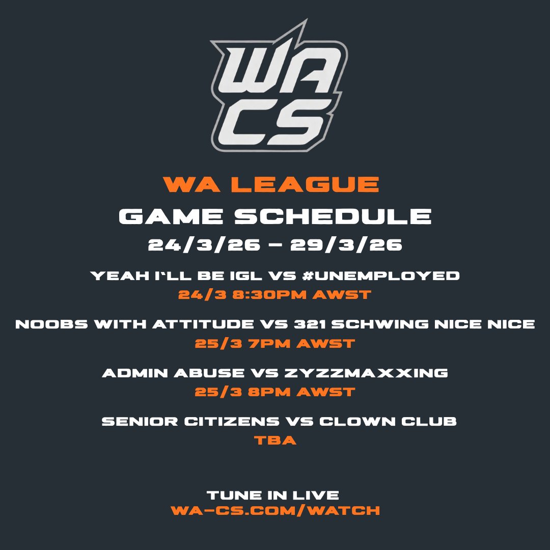 WAcounterstrike's tweet photo. Into round 3 of WA League!    

A double header will be happening on 25/3 starting from 7PM AWST!  

Make sure to follow along!   

https://t.co/snYItpnRgW 

#WACS https://t.co/F18XhWLAgt