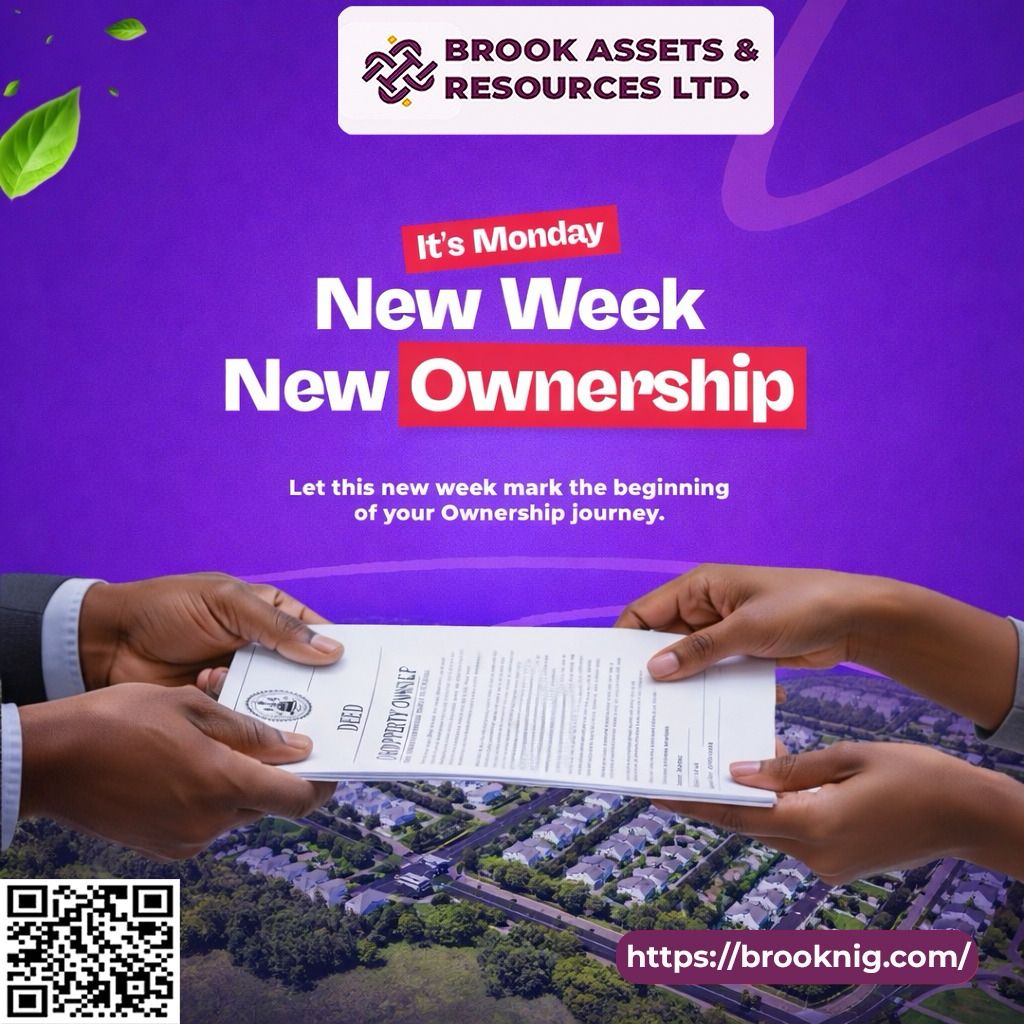 BrookAssetsLtd's tweet photo. New week. New decisions. New assets.
Ownership isn’t just a milestone, it’s a position.
Start this week by securing what grows in value over time.
#propertypro #Nigeriaproperty https://t.co/NK5xZKhwcF