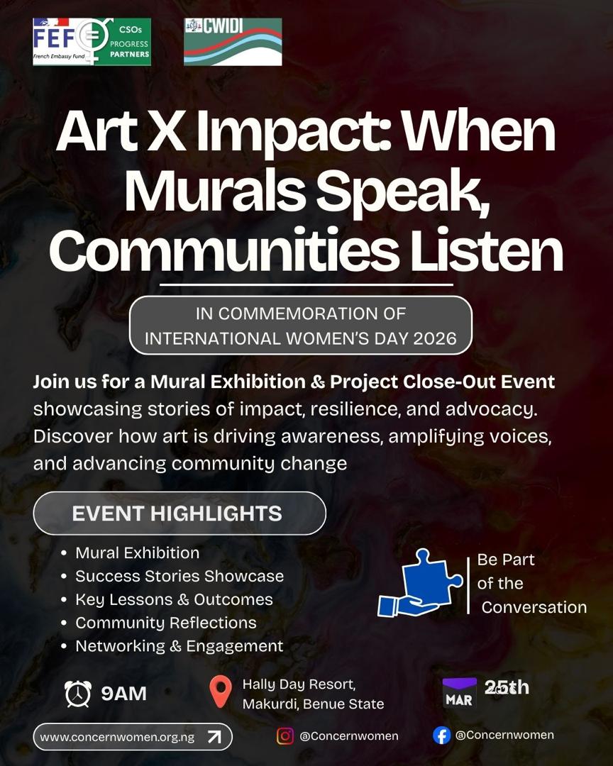 ConcernWomen1's tweet photo. Join us as we close out the Art X Impact campaign with stories of resilience, advocacy, and community change.
Let’s reflect, learn, and continue the conversation.
#ArtXImpact #rightsjusticeaction
#fef-osc
#franceinnigeria
#IWD2026 https://t.co/HGPUGOCZcp