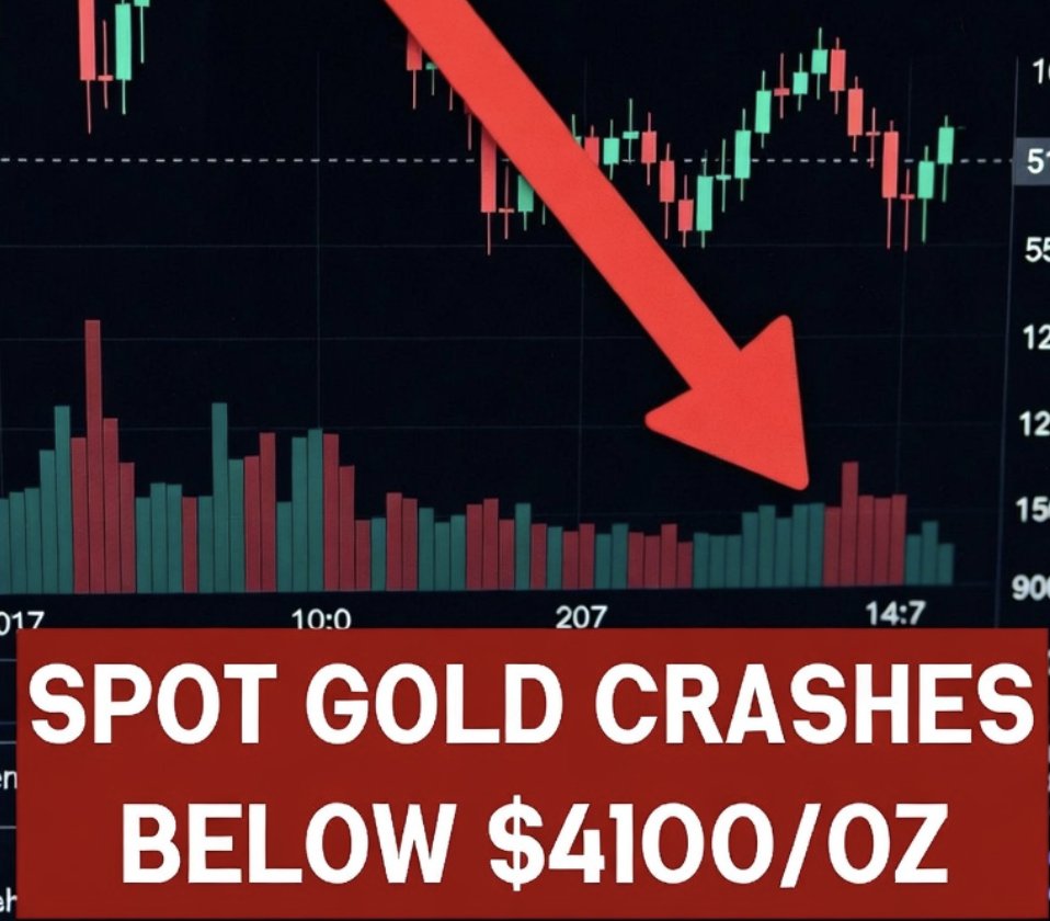 BiKingex's tweet photo. Spot #gold just crashed below $4100/oz for the first time since Nov 24 last year — down a brutal 8.6% (~$388) in a single day!

Multiple big round levels smashed. Monthly drop already >22% 📉
Gold is bleeding like this… how’s your #BTC, #ETH, #SOL portfolio holding up? 

Still diamond hands or starting to sweat? 📷Drop a comment:
A. Are you still 100% crypto maxi❓
B. Or did you quietly rotate some bags into gold❓📷