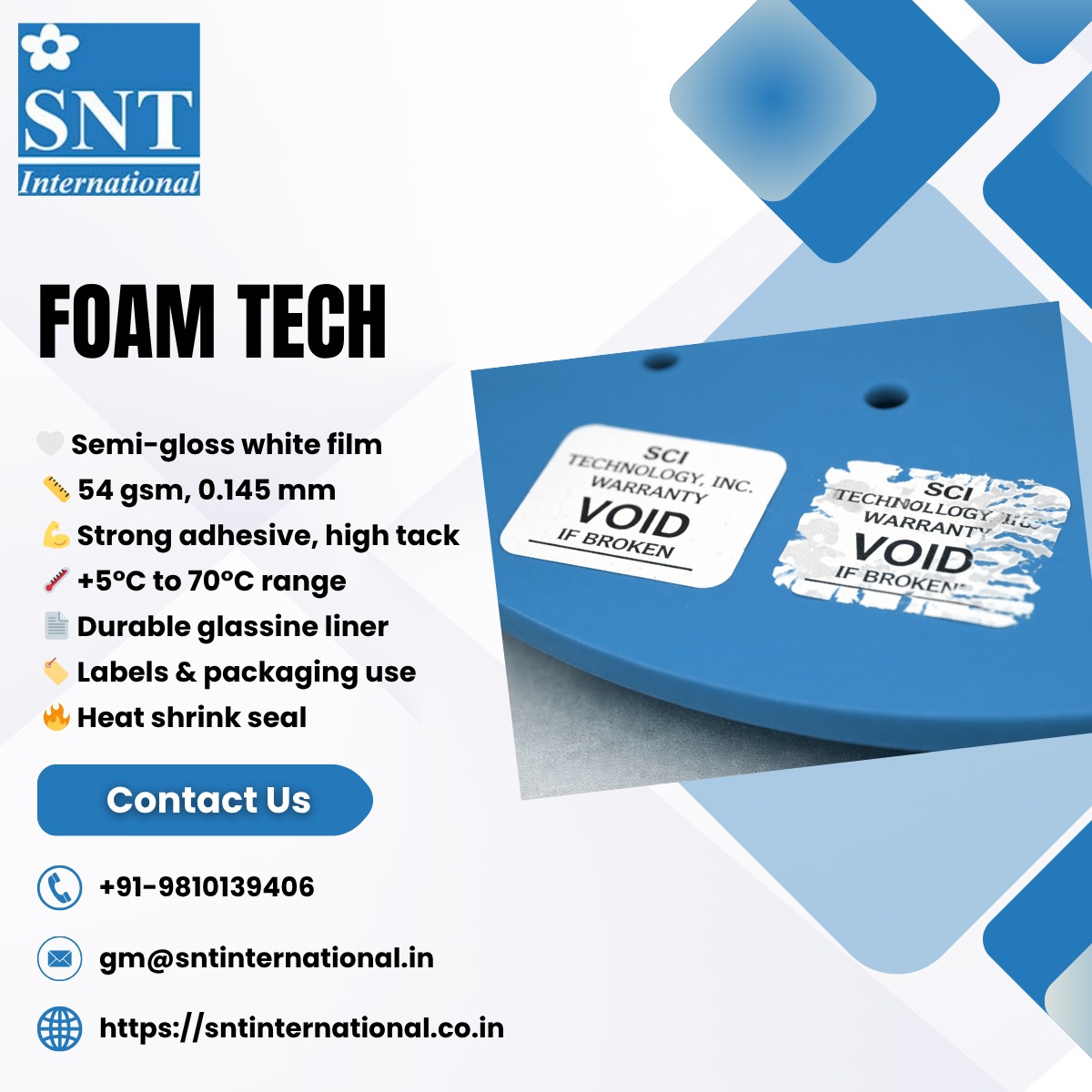 Snt_Pvt_Ltd's tweet image. Secure Every Product with Advanced Foam Tech Tamper-Evident Labels
#FoamTech #TamperEvident #SecurityLabels #PackagingSolutions #IndustrialLabels