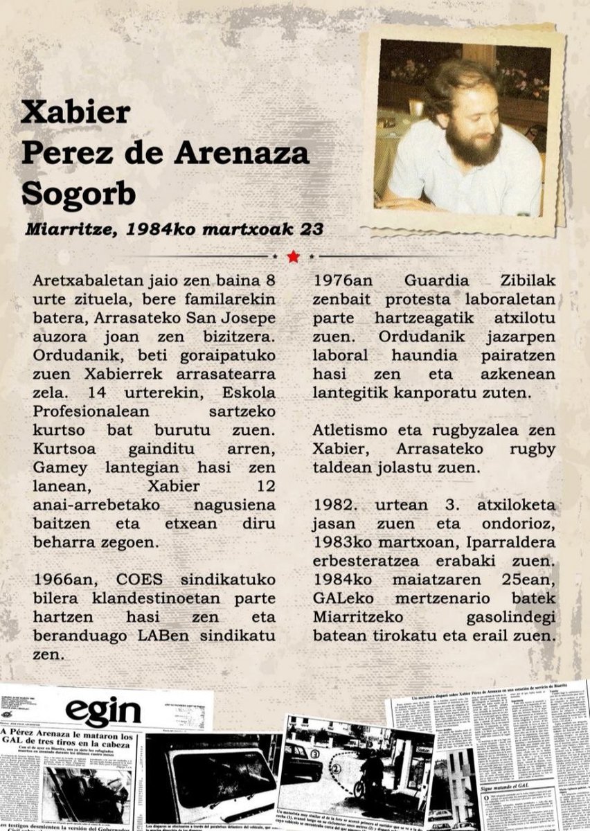 SortuArrasate's tweet photo. ➡️ 1984-03-23

🌹 Gaurko egunez duela 42 urte Xabier Perez de Arenaza Sogorb, Arrasateko iheslaria, tiroz hil zuen GALek Biarritzen. 

#Memoria
#Arrasate https://t.co/o5GPGiARSr
