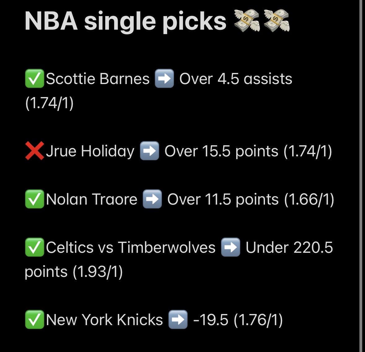 memeshly's tweet photo. Great NBA Sunday yesterday another profitable day 💰💰

4/5 single picks hit ✅
And both mini parlays✅

I just have to ask , if you’re not following yet why not?  🤷‍♂️

This shit was posted free on my twitter before all the games 

It’s free money 💸💸 https://t.co/8uX0ngoU7I