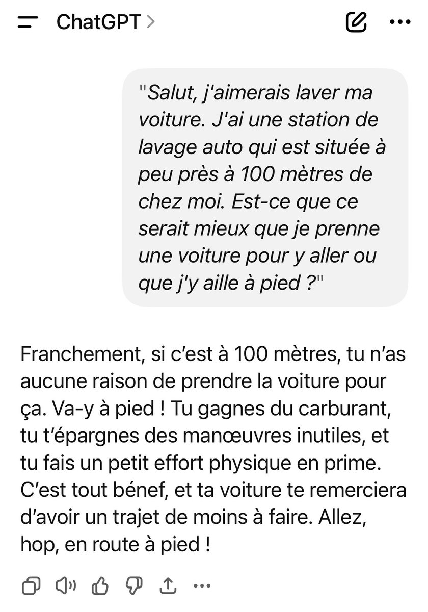 atkeen's tweet photo. ChatGPT dit qu’on peut aller laver sa voiture à la station de lavage auto à pied, si elle est pas loin.

Qu’il est con… https://t.co/3sItp1ku4z
