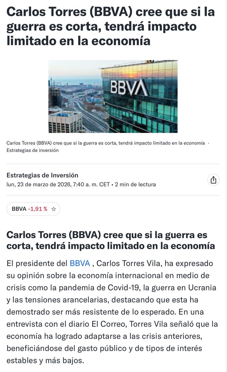 S_MonneyESP's tweet photo. Carlos Torres (@BBVA) cree que si la guerra es corta, tendrá impacto limitado en la economía https://t.co/M14t58Mi2O @BBVA_espana @bbvajubilacion https://t.co/AW8V8EFlCU