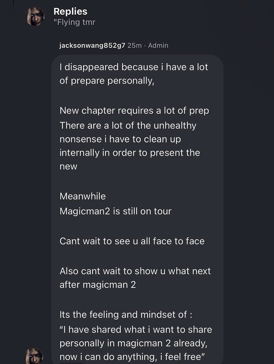 แจ็คสันมาอัพเดทชีวิตตอนนี้ให้ฟังด้วย🥹

ที่ช่วงนี้หายไปเป็นเพราะกำลังเคลียร์งานและเตรียมตัวเรื่องส่วนตัวหลายๆอย่าง เหมือนกำลังเริ่มบทบาทใหม่ในชีวิต ซึ่งมันต้องเตรียมตัวเยอะมาก

มีหลายๆอย่างในใจที่ยังไม่โอเค จึงต้องจัดการตัวเองให้พร้อมก่อน จะได้ออกมาในเวอร์ชั่นใหม่ที่ดี

Magicman2