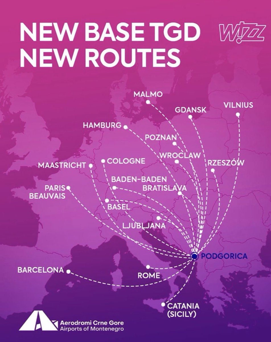Gate7aviation's tweet image. Wizz Air s’apprête à ouvrir une base à l’aéroport de Podgorica le 30 mars. Elle y proposera progressivement 1️⃣7️⃣destinations dont Paris Beauvais #WizzAir #Podgorica #Montenegro 🇲🇪wizza