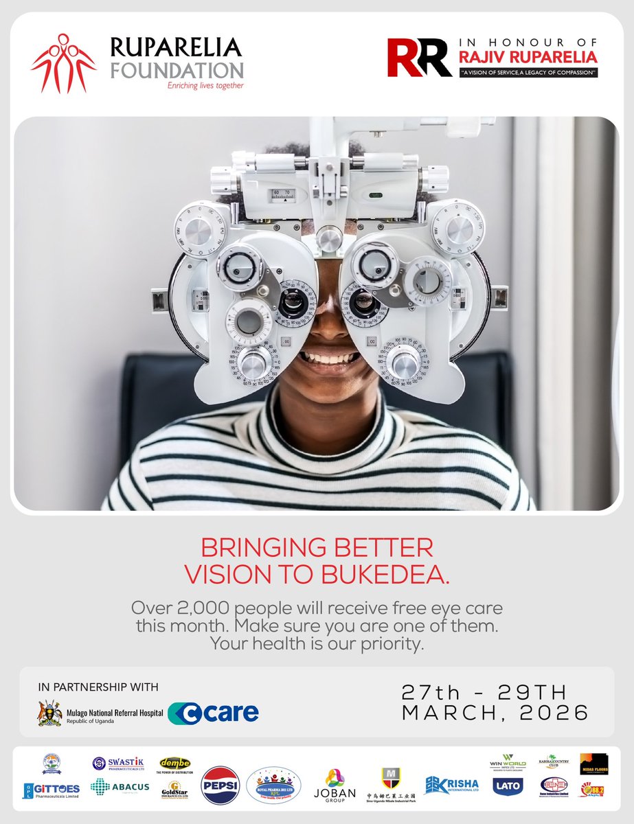 Less than a week to go;
The #RREyeCampBukedea is almost here. If you or someone you know has eye problems, this is a chance to get free eye check-ups, treatment, and surgeries from specialist doctors from 27th to 29th March at Bukedea teaching hospital 
#RupareliaFoundation
