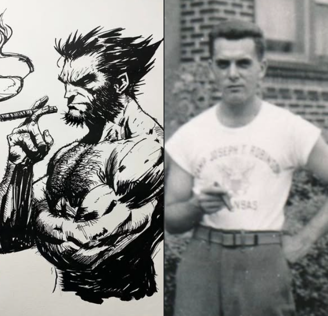BlackDumpling's tweet photo. One of these guys is the best there is at what he does and the other guy is Wolverine.

Jack Kirby was short (5'2 to Wolvie's 5'3), stocky, loved cigars, and like the seemingly unkillable canucklehead, the gruff vet saw action on Omaha beach on D-Day.

I mean Kirby's own wife was nicknamed Roz, suspiciously akin to Logan's own beloved Red.

While I'll be the first to admit a lot of it is coincidence,  I'm just saying is that it's hard to not to draw parallels between the two.