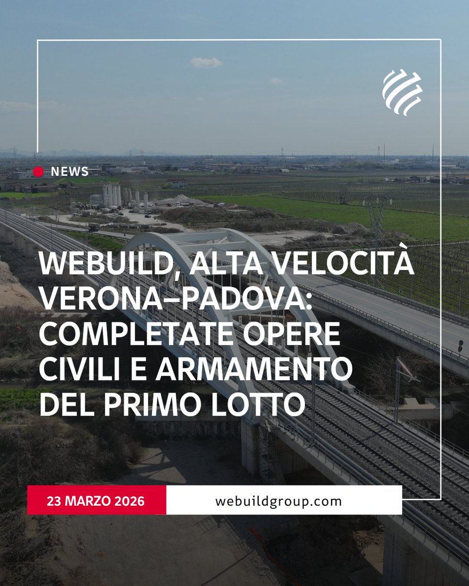 Webuild_Group's tweet image. 🚆#Webuild per il Nord Italia: posati oltre 50 km di doppio binario nel cuore del #Veneto.

Il Consorzio IRICAV Due, guidato da Webuild, che opera per conto di #RFI - Gruppo @fsitaliane, ha ultimato le opere civili della piattaforma ferroviaria e l’armamento della tratta