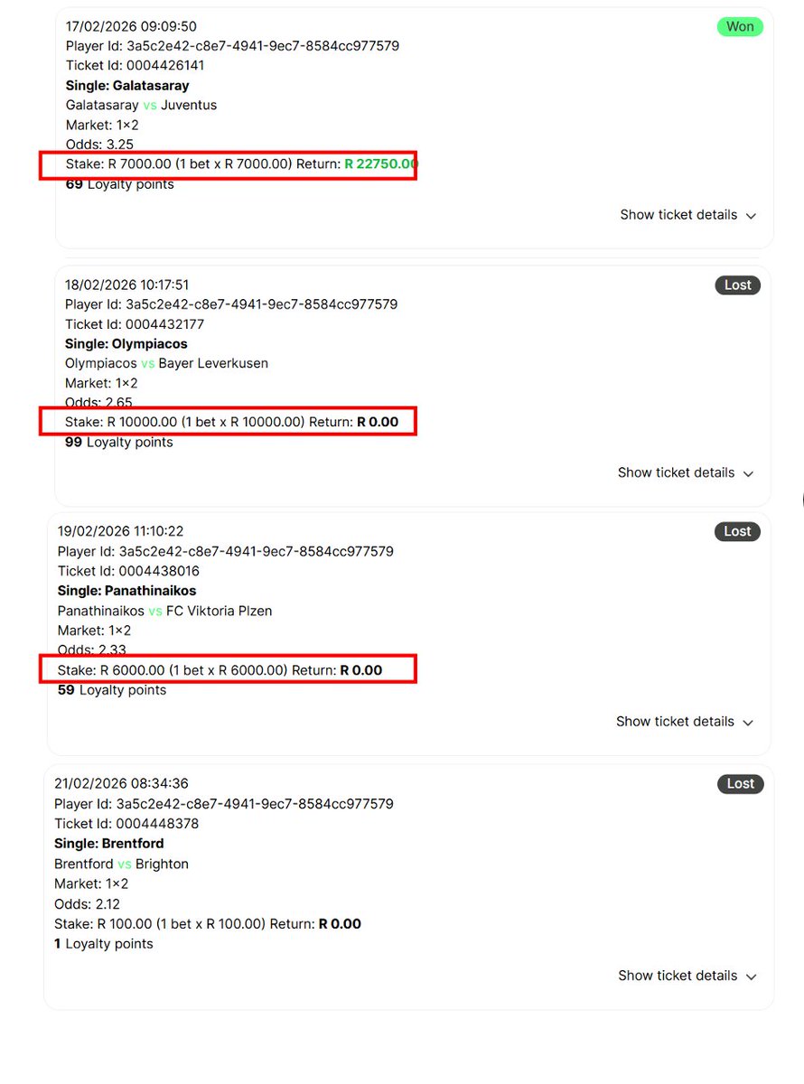 BerksFord's tweet photo. The Proof: @10bet_ZA  system validated my play. 📸
1️⃣: R1000+ bets accepted &amp; SETTLED as won.
2️⃣: Their tracker confirmed 100% completion. ✅
If the system says "Success," why are my winnings voided? 🚩 @MPEconomicReg  @TheNCC_RSA  #SouthAfrica #CPA https://t.co/MripVcquAb