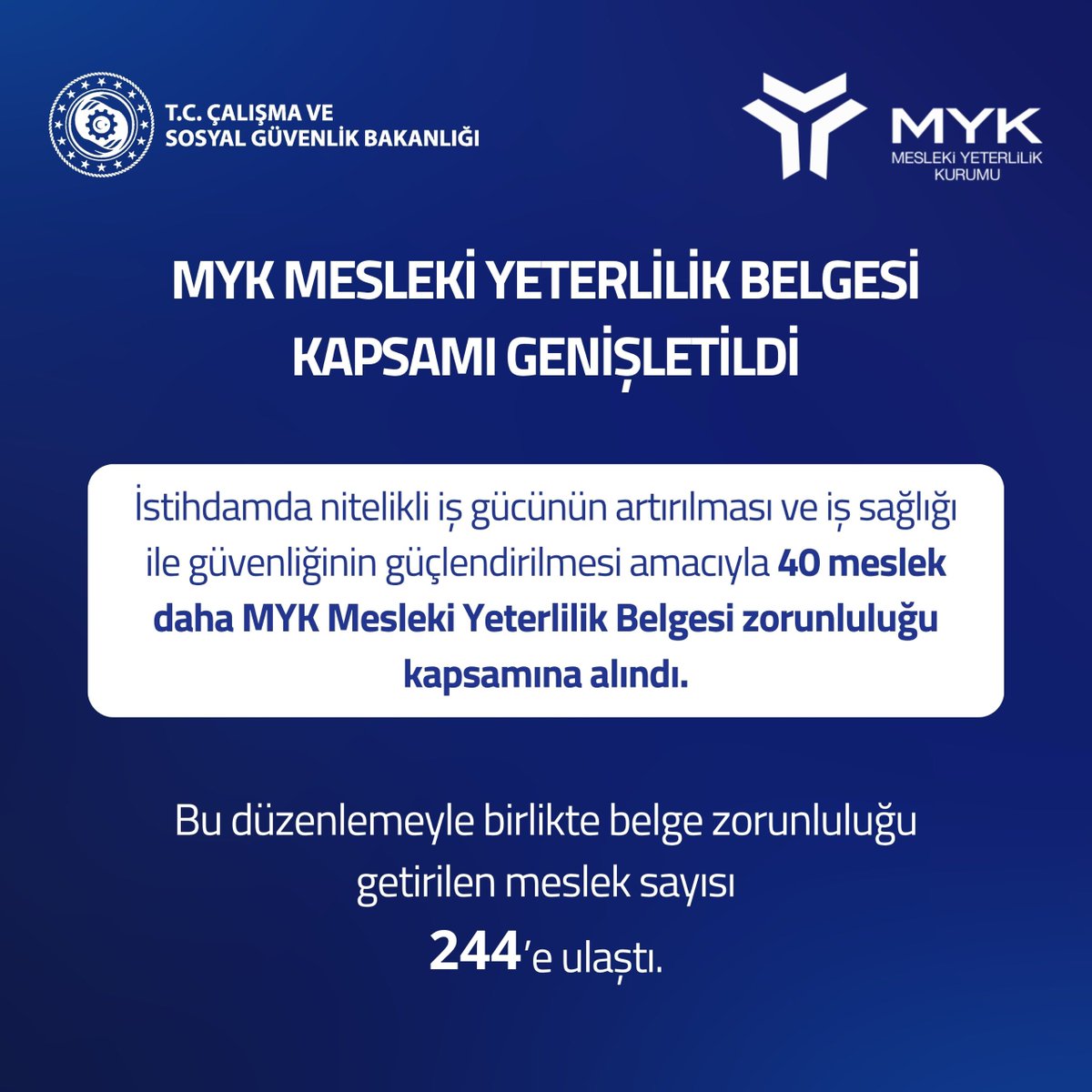 Nitelikli iş gücünü güçlendirmek ve çalışma hayatında standartları yükseltmek için önemli bir adım daha attık.💼

İş sağlığı ve güvenliği açısından kritik alanlar ile yeşil ve dijital dönüşüm odaklı meslekleri Mesleki Yeterlilik Belgesi zorunluluğu kapsamına aldık.

Bu