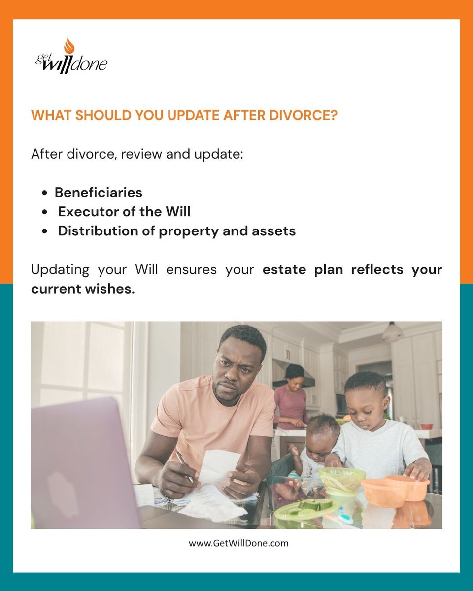 getwilldone's tweet photo. Divorce ends a marriage not your Will.

If your ex is still listed, your assets may go against your wishes. Review &amp; update your Will to avoid disputes and delays. 

Plan smart, protect your future.

 #WillPlanning #DivorceAwareness #EstatePlanning https://t.co/nOy9zSgmGD