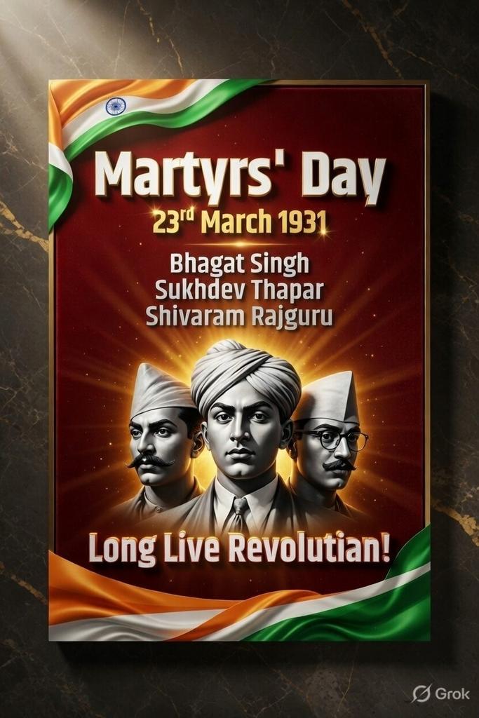 Syeednaasir1's tweet photo. Long live revolution 
Jai Hind 
#23Mar1931
#23Mar2026 
#martyrsday
#Bhagatsingh
#Sukhdev
#rajguru https://t.co/wXQdsU8ea1