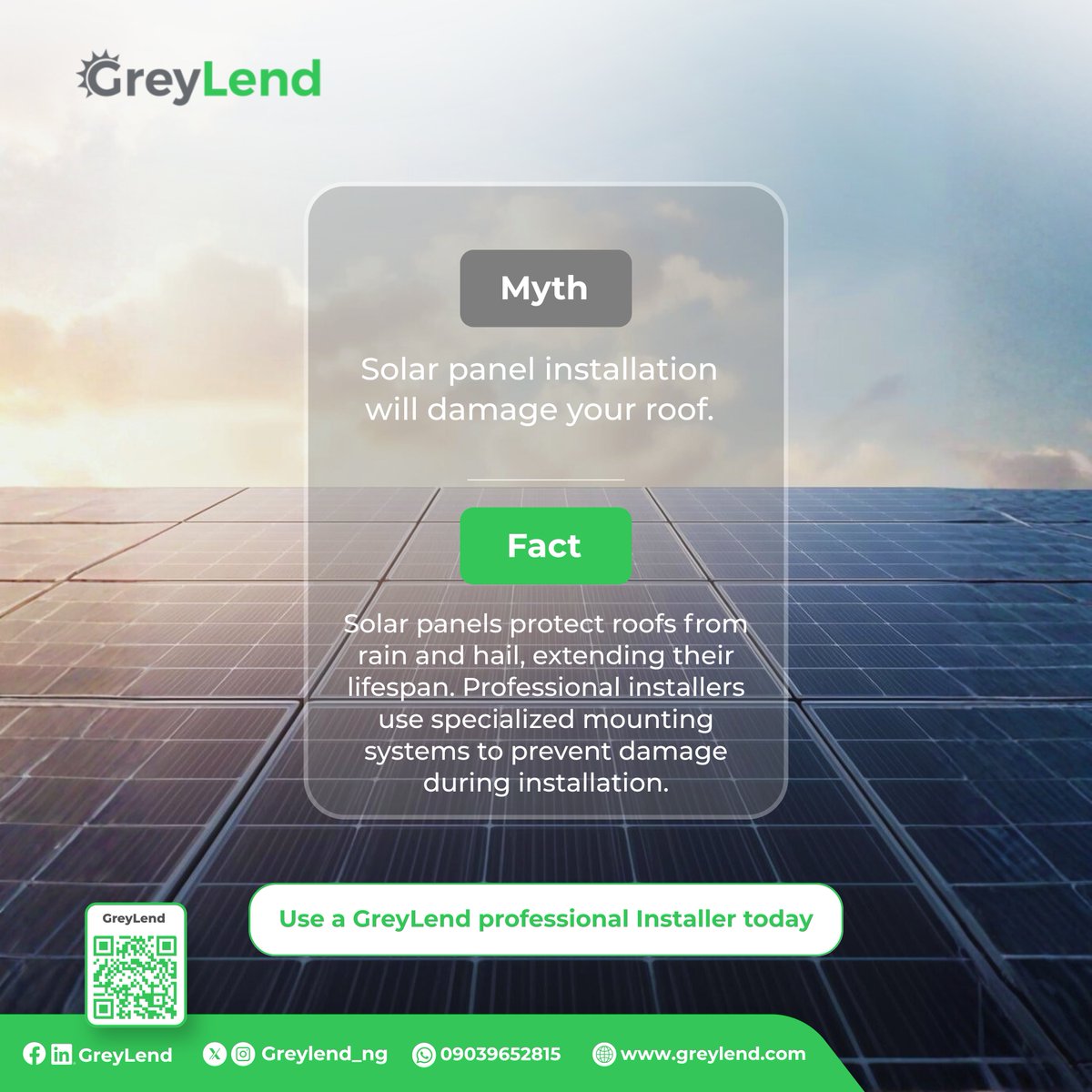 GreyLend_ng's tweet image. Some solar myth aren’t true.

Panels won’t damage your roof when installed right, they actually help protect it.

Use an expert installer today.

#GreyLend #SolarEnergy #MythandFact

Mayorkun || Orlando City || #Arsenal || Grand
|| K1 De Ultimate || #TemmyDreddzNewSong