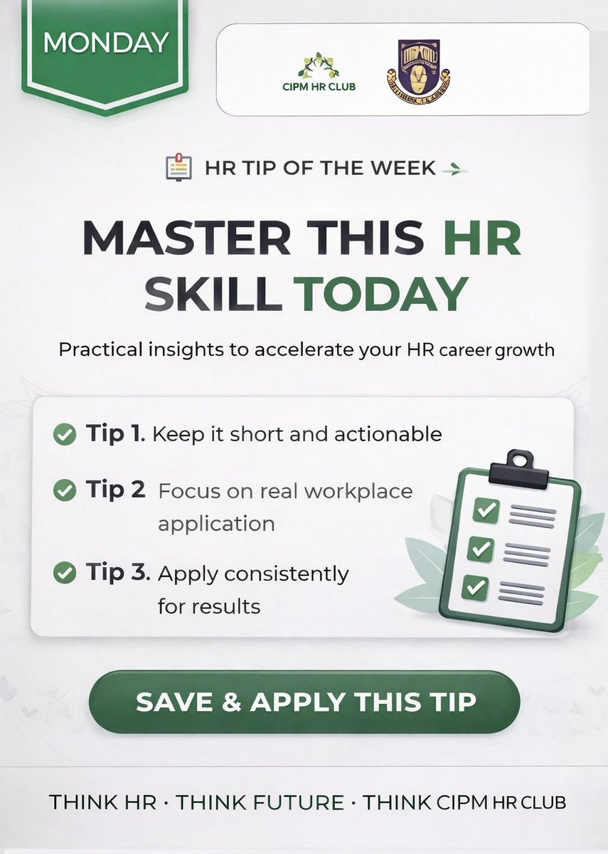 cipmhrcluboau's tweet photo. 🔥 HR students & pros: Learning isn’t enough application is key! 🔑
✅ Keep it short & actionable
✅ Apply in real workplace scenarios (recruitment, teamwork, conflict resolution)
✅ Be consistent
Start small, apply daily, grow steadily. 💪
#HRGrowth #CIPMHRClubOAU #CareerTip https://t.co/Y2DaF2jP6N