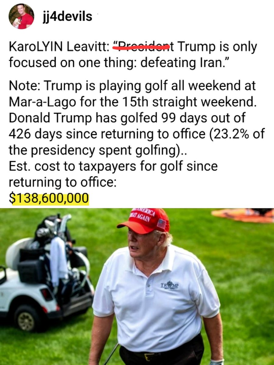 blaast6's tweet photo. @rhinosirles @GavinNewsom @realDonaldTrump I'd appreciate your feedback and justification for Trump's golfing expeditions... https://t.co/SmcQxI5QI6