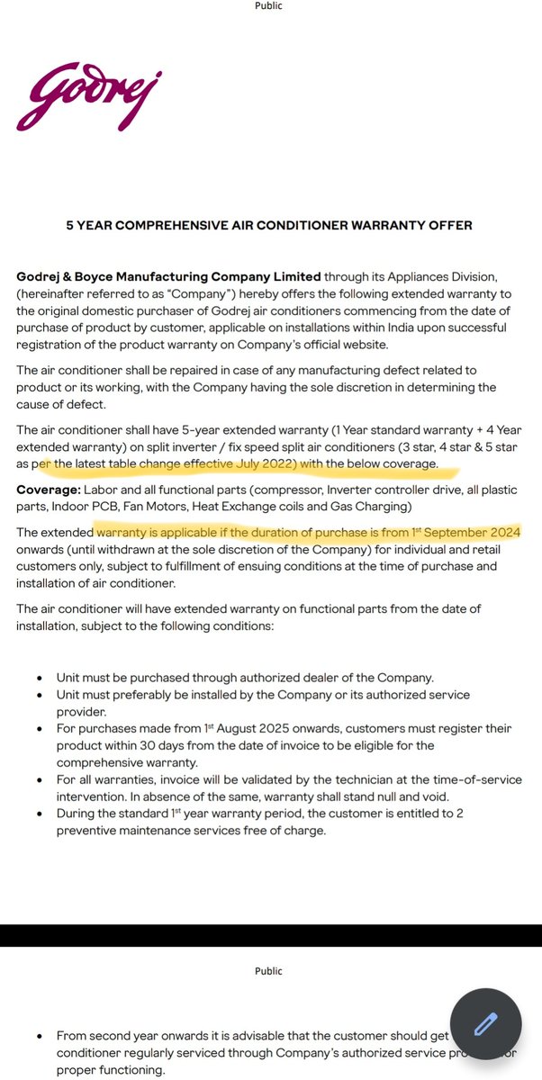 SatyaSadhu's tweet photo. @GodrejAppliance @GodrejAppliance Can you please clarify the wording in this document. 
Order placed: 19 April 2024.
Am I eligible for the comprehensive warranty on my AC? Your customer care says yes. Your area manager says No. If no, why not? https://t.co/6nSQwH4yMQ