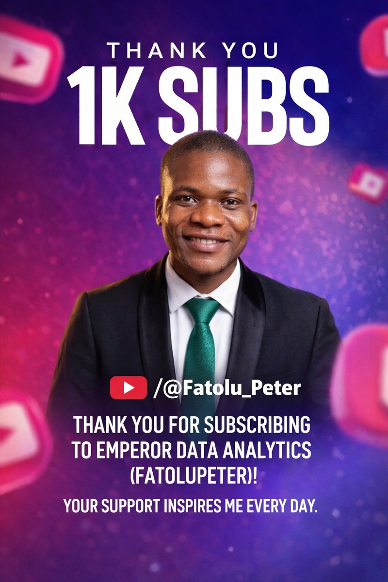 PeterFatd1's tweet image. Just hit 1K subscribers on YouTube! 🎉🚀

Grateful for every view, like, and support 🙏
More data analytics content, real projects &amp;amp; value coming!
Join the journey: youtube.com/@Fatolu_Peter

#DataAnalytics #YouTubeGrowth #1KSubs
