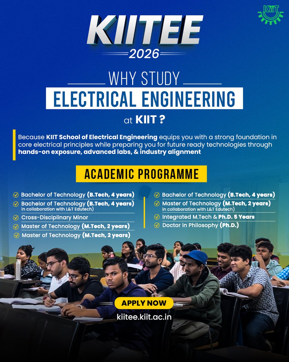 KIITUniversity's tweet photo. From circuits to smart systems, start your journey here.
Electrical Engineering at KIIT is where learning meets innovation.

Apply Now - https://t.co/AZIg1LasuY https://t.co/TW2Nln0W9k