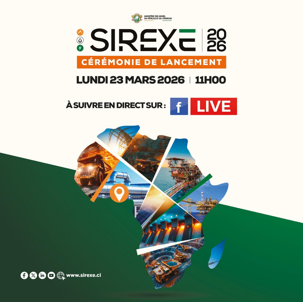 SIREXE_Expo's tweet image. 🎥 Suivez le lancement du SIREXE 2026 en direct !

Rendez-vous ce lundi 23 mars à 11h00 pour vivre la cérémonie en live sur Facebook.

👉 Ne manquez pas ce moment !

#SIREXE2026 #Live #Lancement
