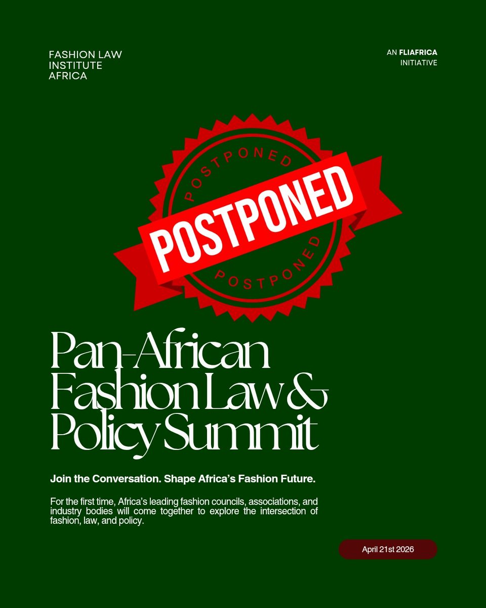 POSTPONED 📢

Due to unforeseen logistics considerations, we have made the decision to postpone the Pan African Fashion Law &amp; Policy Summit. This will also allow for broader participation and deeper engagement.

📆NEW DATE: 21st April, 2026

instagram.com/p/DWOCkmIiKYE/…