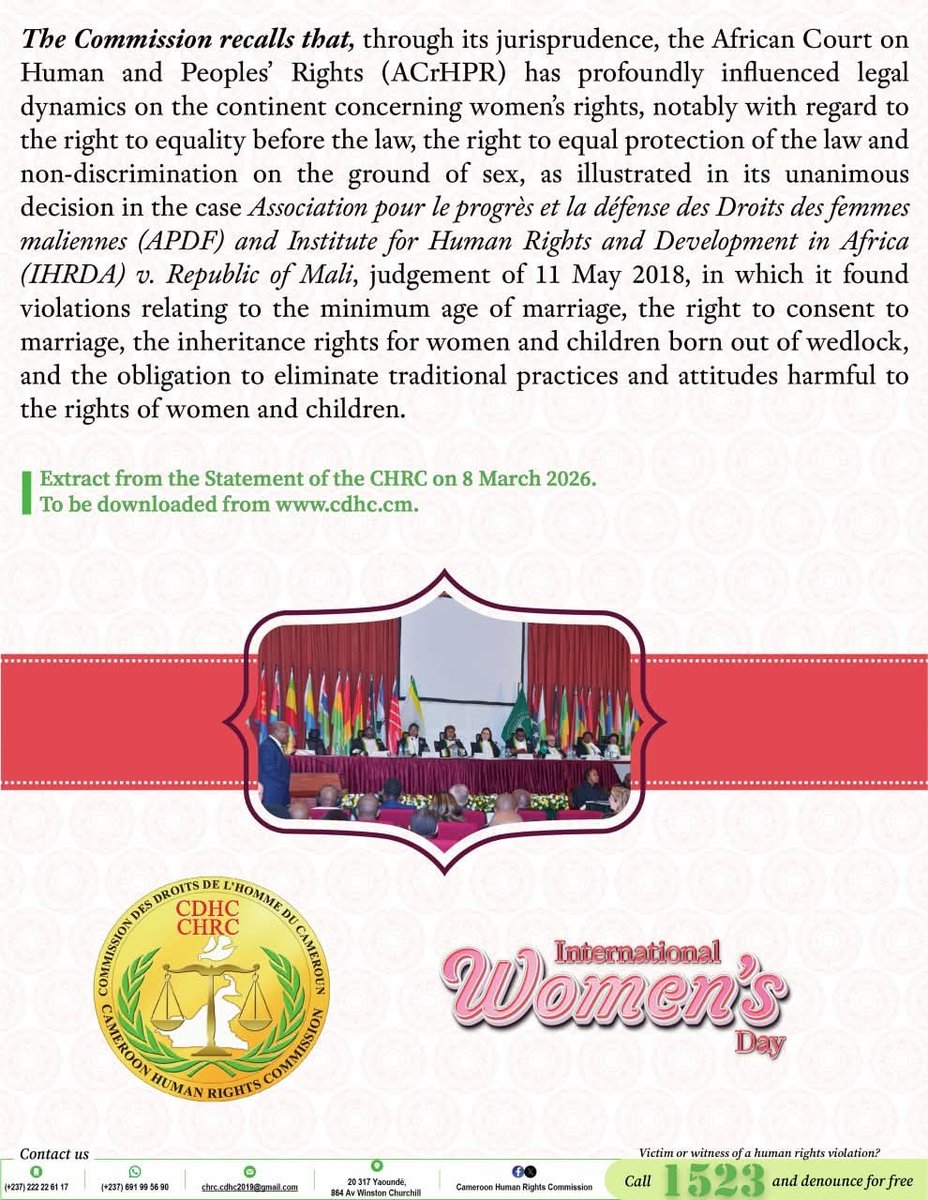 chrc_cdhc's tweet photo. Awareness visuals of the STATEMENT BY THE CHRC TO MARK THE 41ST INTERNATIONAL WOMEN’S DAY, 8 March 2026

Theme.- Rights. Justice. Action. For ALL Women and Girls

#CHRC
#CDHC
#1523
#accreditedwithAStatus
#accréditéeauStatutA https://t.co/DG4YhohLZu