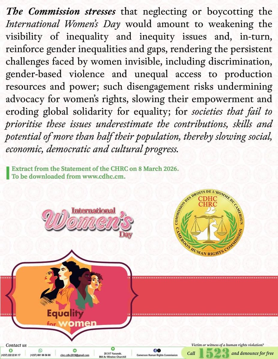 chrc_cdhc's tweet photo. Awareness visuals of the STATEMENT BY THE CHRC TO MARK THE 41ST INTERNATIONAL WOMEN’S DAY, 8 March 2026

Theme.- Rights. Justice. Action. For ALL Women and Girls

#CHRC
#CDHC
#1523
#accreditedwithAStatus
#accréditéeauStatutA https://t.co/DG4YhohLZu