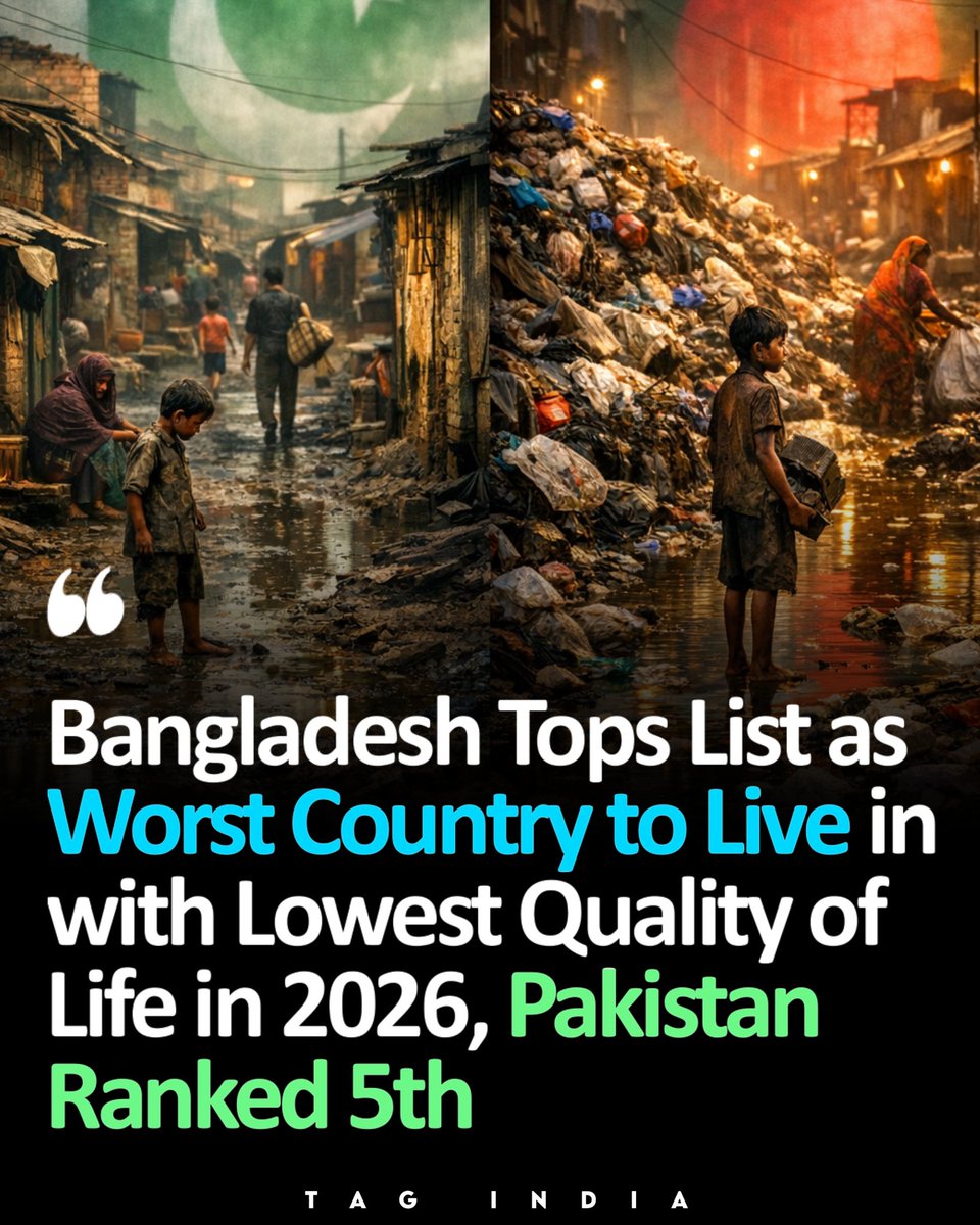 Tagindia12's tweet photo. According to the Numbeo Quality of Life Index 2026, Bangladesh ranks as the w0rst country to live in, reflecting low scores in safe-ty, healthcare, cost of living, and climate. Pakistan ranks 5th lowest

#Bangladesh #Pakistan #QualityOfLife #Numbeo2026 #GlobalRanking https://t.co/4tzcegweFw