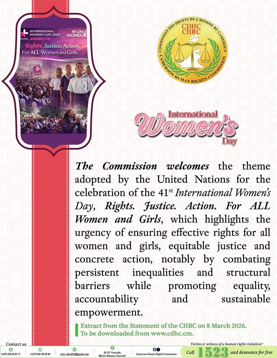 chrc_cdhc's tweet photo. Awareness visuals of the STATEMENT BY THE CHRC TO MARK THE 41ST INTERNATIONAL WOMEN’S DAY, 8 March 2026

Theme.- Rights. Justice. Action. For ALL Women and Girls

#CHRC
#CDHC
#1523
#accreditedwithAStatus
#accréditéeauStatutA https://t.co/DG4YhohLZu
