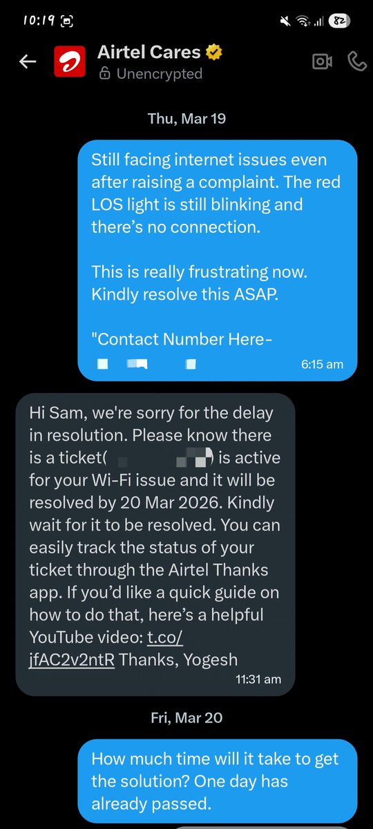 Sam_Mir_'s tweet photo. @Airtel_Presence It's been 5 days and I still haven't received any service. How can the service request be marked as 'Resolved' from your end? I have made numerous calls, but your team didn't pick up. Even after posting on X, there has been zero response.
@airtelindia #Airteldown #Nointernet https://t.co/9myb5EszX1