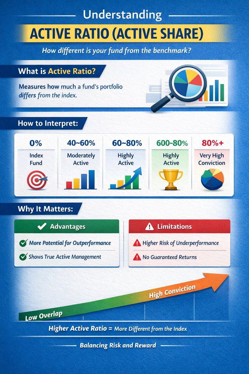 PuneethBM1's tweet photo. 📊 Active Ratio (Active Share) — The Truth About “Active” Funds

Most investors think all mutual funds are actively managed.
Reality? Many just hug the index 👀

👉 Active Share tells you the difference:

0% → Index fund

50% → Semi-active

80%+ → High conviction fund https://t.co/9AfEqGK2vP