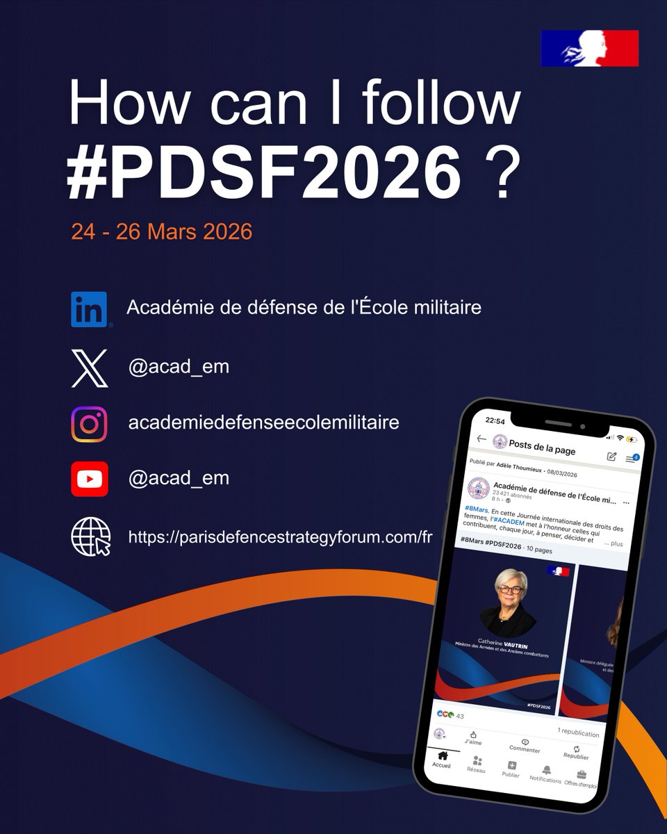 Demain, le Forum de Paris pour la défense et la stratégie ouvre ses portes.
 
Vous ne pouvez pas assister au #PDSF2026 en personne ? 
Pas de panique : vous pouvez tout de même suivre l'événement en direct !
 
📲 Les sessions et temps forts seront diffusés en direct et relayés sur