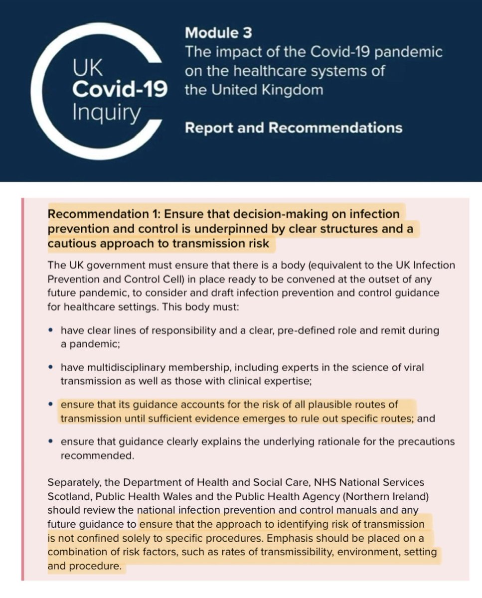 The first recommendation from the Covid Inquiry clearly outlines what IPC leads SHOULD be doing:

▪️ensure IPC decisions are underpinned by a CAUTIOUS approach to transmission risk

▪️account for ALL plausible routes of transmission

▪️not confine guidance to specific procedures