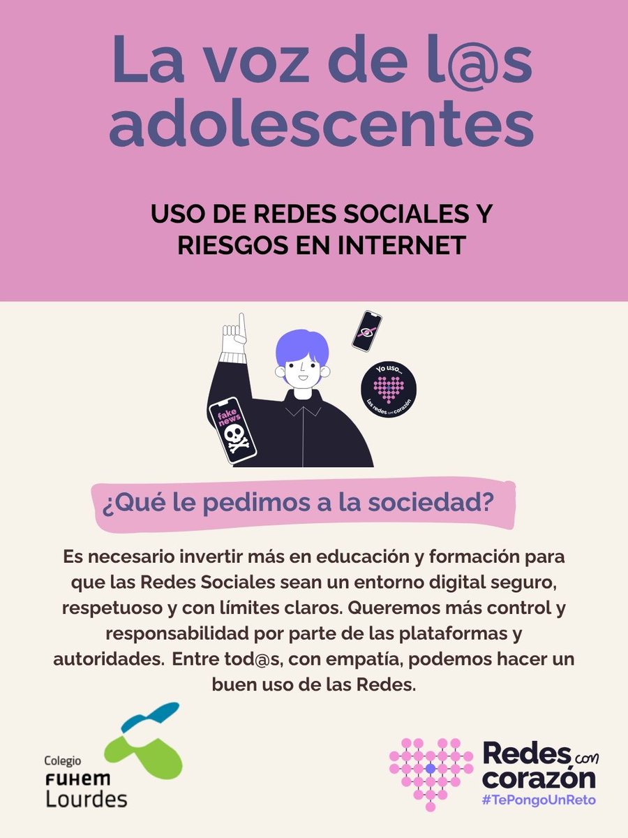 RedesConCorazon's tweet photo. Estos días, junto con el alumnado del @colegiolourdes.fuhem.es, hemos elaborado este listado de acciones, normas y compromisos para un uso seguro y responsable de #Internet y las #RedesSociales. ¡Sigue éstos consejos para protegerte y proteger a l@s tuy@s! https://t.co/JeefF1cx6z
