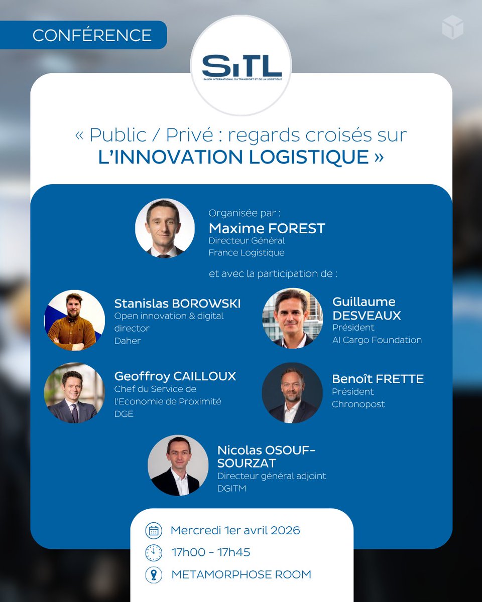 Chronopost's tweet image. 📣 [#Conférence] - Rendez-vous au @SITLofficiel pour un temps d'échange dédié à l’innovation et l’#IA dans la #logistique !

Au programme : regards croisés des secteurs privé et public sur l’innovation

📅 Mercredi 1er avril 2026 à 17h00

Pour plus d’information et obtenir votre