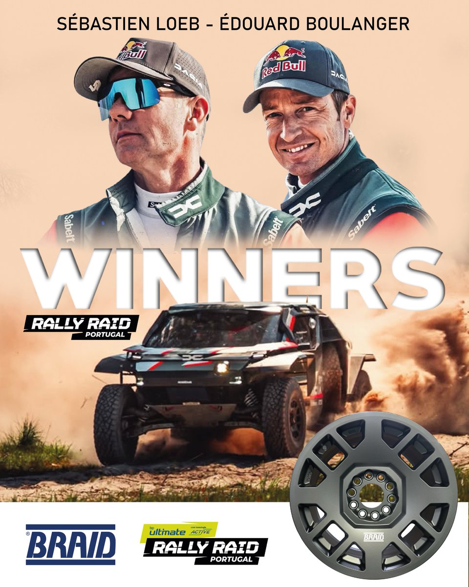 BRAIDwheels's tweet image. 🏆 Rally Raid Portugal 2026 – BRAID Podium 🏆
Congratulations to the drivers and teams who gave their all in this incredible race!
🥇 1st – Sébastien Loeb | Dacia Sandriders
🥉 3rd – João Ferreira | Toyota Gazoo Racing S.A.
#braidwheels #rallyraidportugal2026
