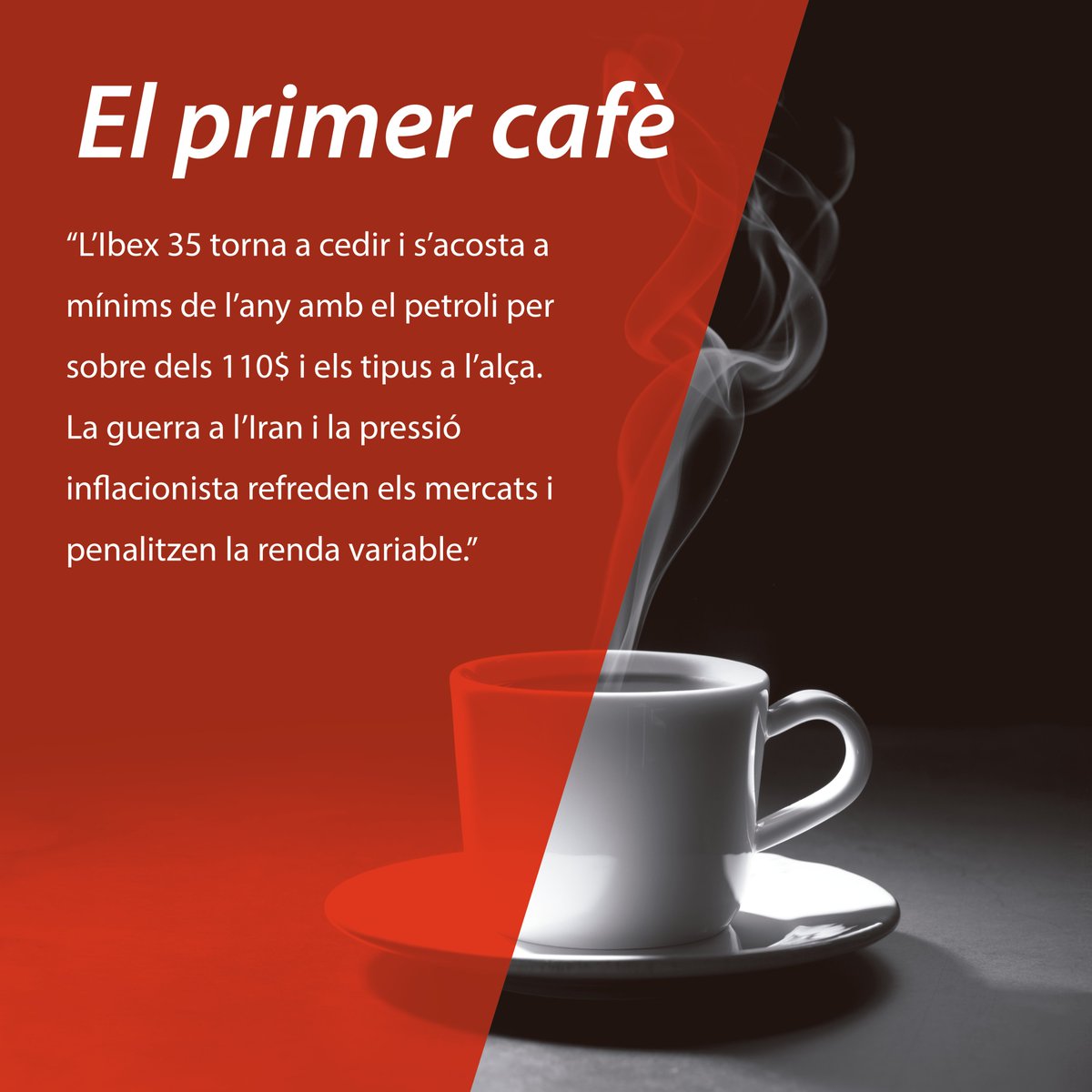 AndbankAND's tweet photo. #ElPrimerCafè☕️ | #Ibex torna a cedir i s’acosta a mínims de l’any amb el #petroli per sobre dels 110$ i els tipus a l’alça. La guerra a l’Iran i la pressió inflacionista refreden els #mercats i penalitzen la #rendavariable. https://t.co/Qb2fFrCY4E