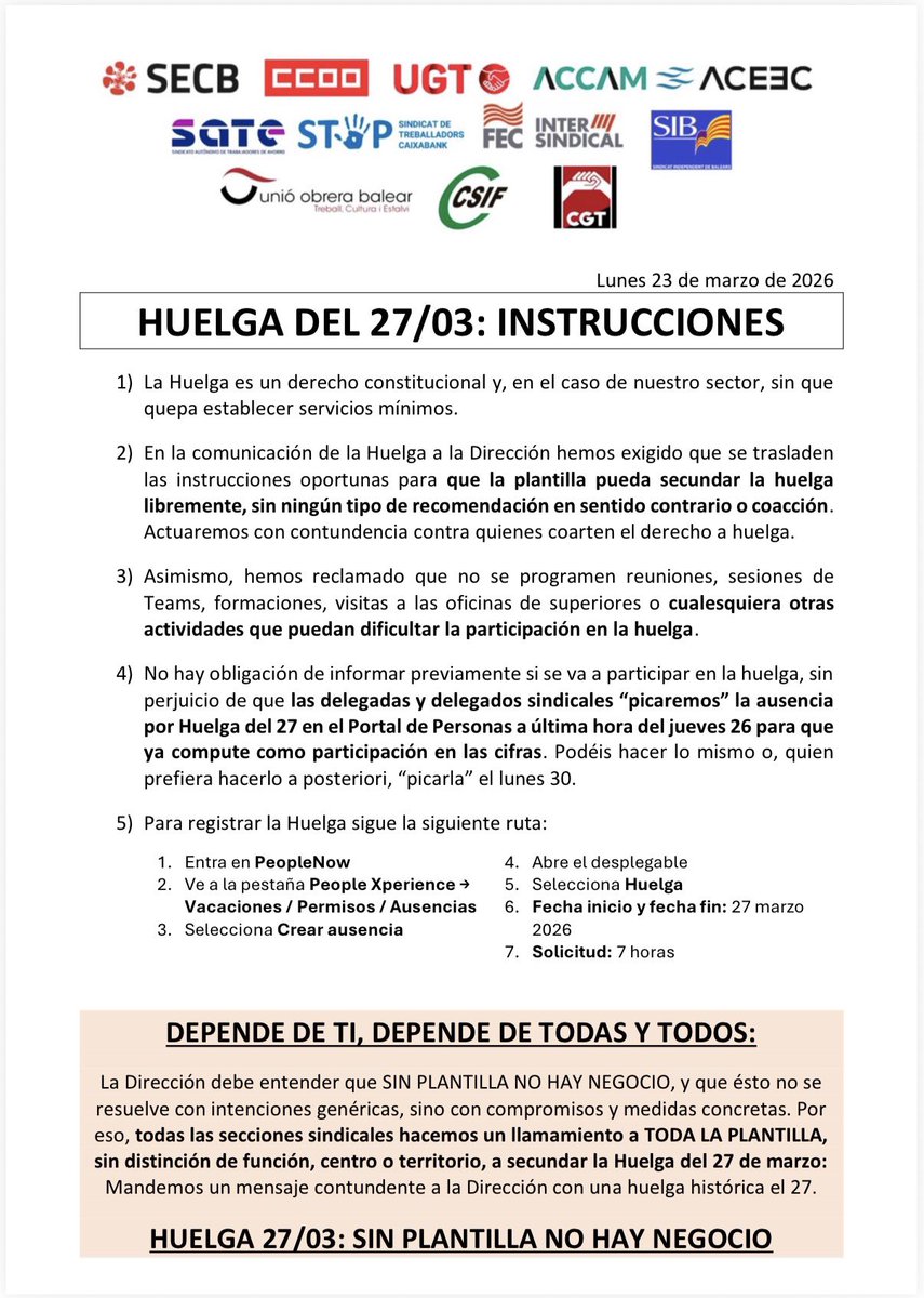 ACCAMCAIXABANK's tweet photo. ACCAM-ACEEC INFORMA
 
📣📣HUELGA GENERAL📣📣

Circular con las instrucciones para la Huelga del próximo 27/03

Paramos todos juntos para decirle a CaixaBank Basta Ya. https://t.co/FjnYkEjlka
