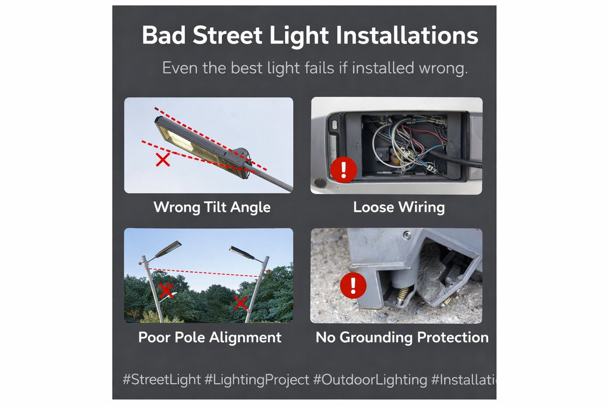 SolarLightSIRO's tweet photo. Many lighting failures are not product issues.
They are installation mistakes.
• Wrong tilt angle
• Loose wiring
• Poor pole alignment
• No grounding protection
Even the best light fails if installed wrong.
#StreetLight #LightingProject #OutdoorLighting #Installation https://t.co/aqAKf4Unr3