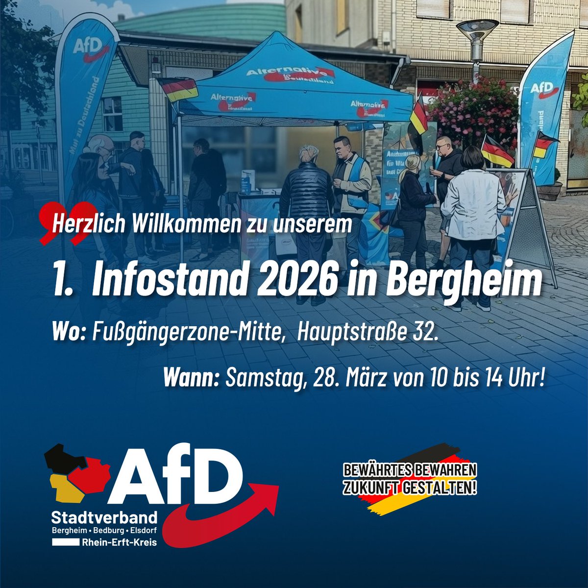 AfD_BB's tweet photo. Am Samstag, dem 28.03.2026, wird der AfD Stadtverband Bergheim-Bedburg-Elsdorf wieder mit einem #infostand in der Fußgängerzone von Bergheim präsent sein, um neue Mitglieder zu werben und um den Bürgern ihre Ansprechpartner vor Ort vorzustellen! https://t.co/BSIVQOO3Ll