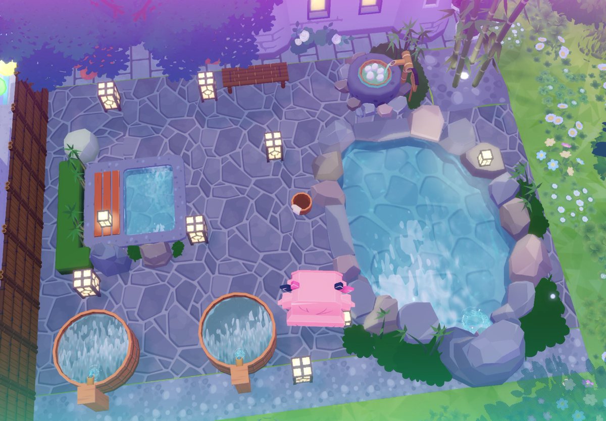 ゲーム内にもたくさんのいいねありがとうございます😭

キラキラの雰囲気を壊さぬよう、おうちの奥に露天風呂エリアをこっそり設けております♨️ ほっと一息つける空間になればいいなと思っております☺️
温泉たまごを食べる豆腐ちゃんがとっても可愛いのでぜひ食べていってください🥚💕