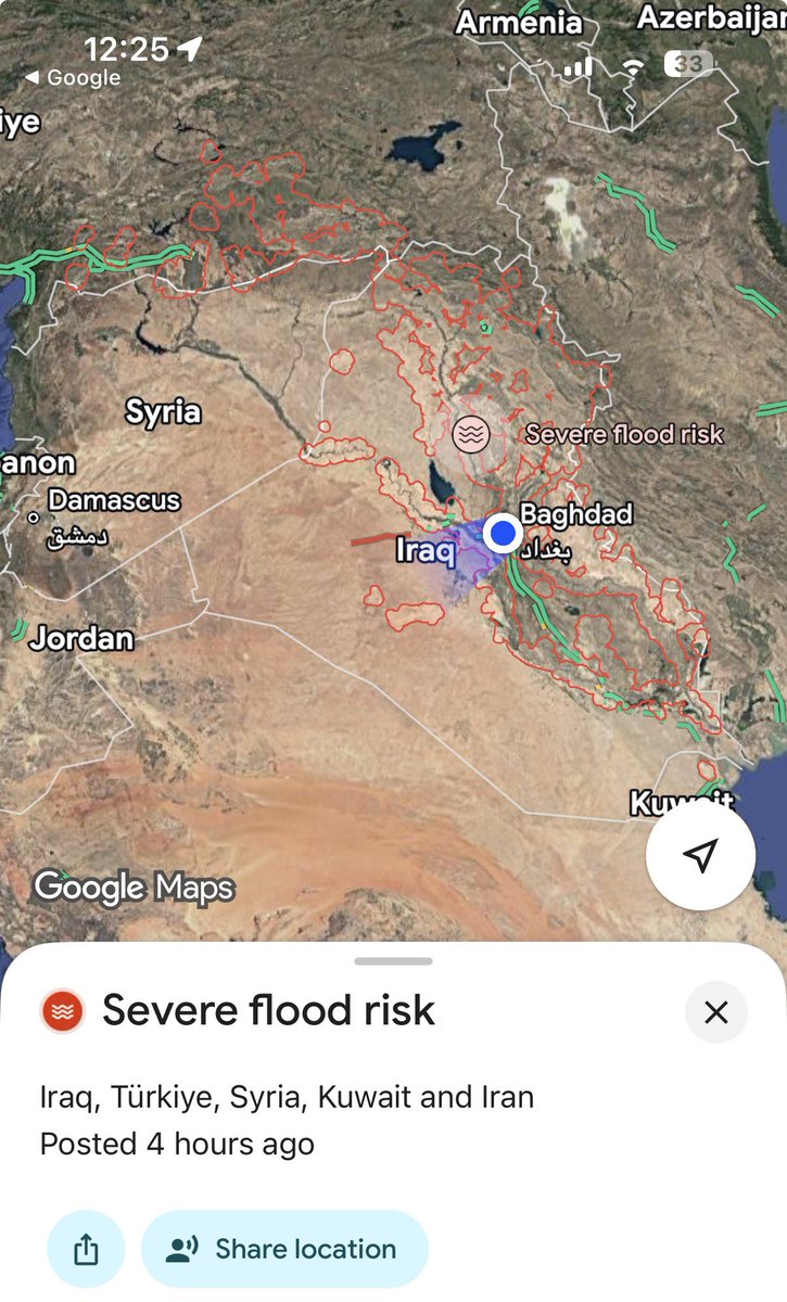 husam_sobhi's tweet photo. 🚨 Flood Alert – Iraq

Severe flood risk expected across parts of Iraq due to heavy rainfall affecting the region. Areas including #Nineveh, #Anbar, #Diyala, #Sulaymaniyah, #Salahuddin, #Wasit, and Kirkuk may experience continued flooding. https://t.co/eKfuUEtlyO