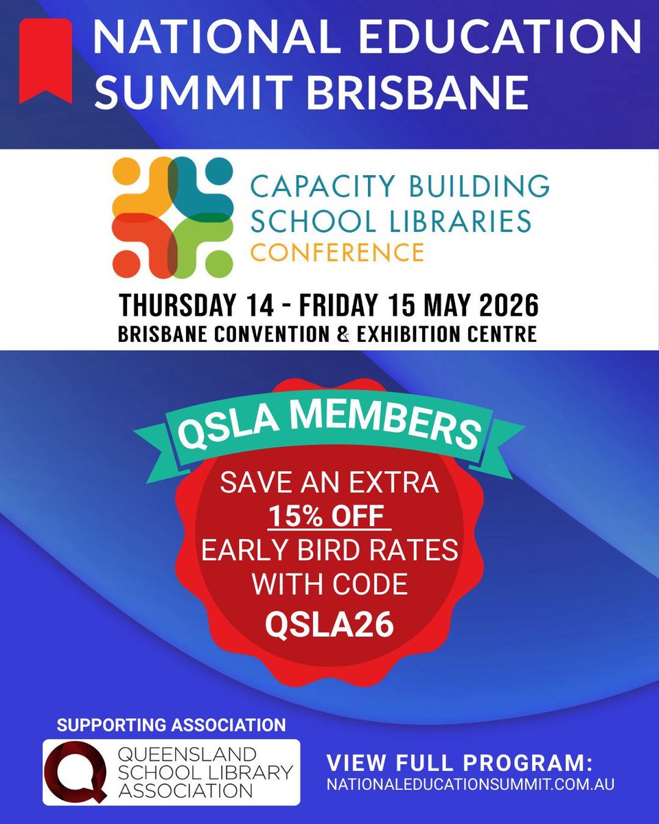 QldSLA's tweet photo. The Capacity Building School Libraries Conference at the NES Brisbane offers tailored professional learning for today’s school librarians. QSLA members save an additional 15% on early bird rates with code QSLA26. 14–15 May 2026 | Brisbane Convention Centre https://t.co/nGxxbMTewx https://t.co/ZhOnU9XznP