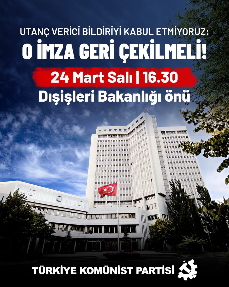 Utanç verici bildiriyi kabul etmiyoruz: O imza geri çekilmeli!

ABD emperyalizmi ve soykırımcı İsrail saldırganlığını aklayıp ağır bir katliamla karşı karşıya olan İran’ı suçlayan bildiriye Hakan Fidan tarafından atılan utanç verici imzaya karşı Dışişleri Bakanlığı önündeyiz.