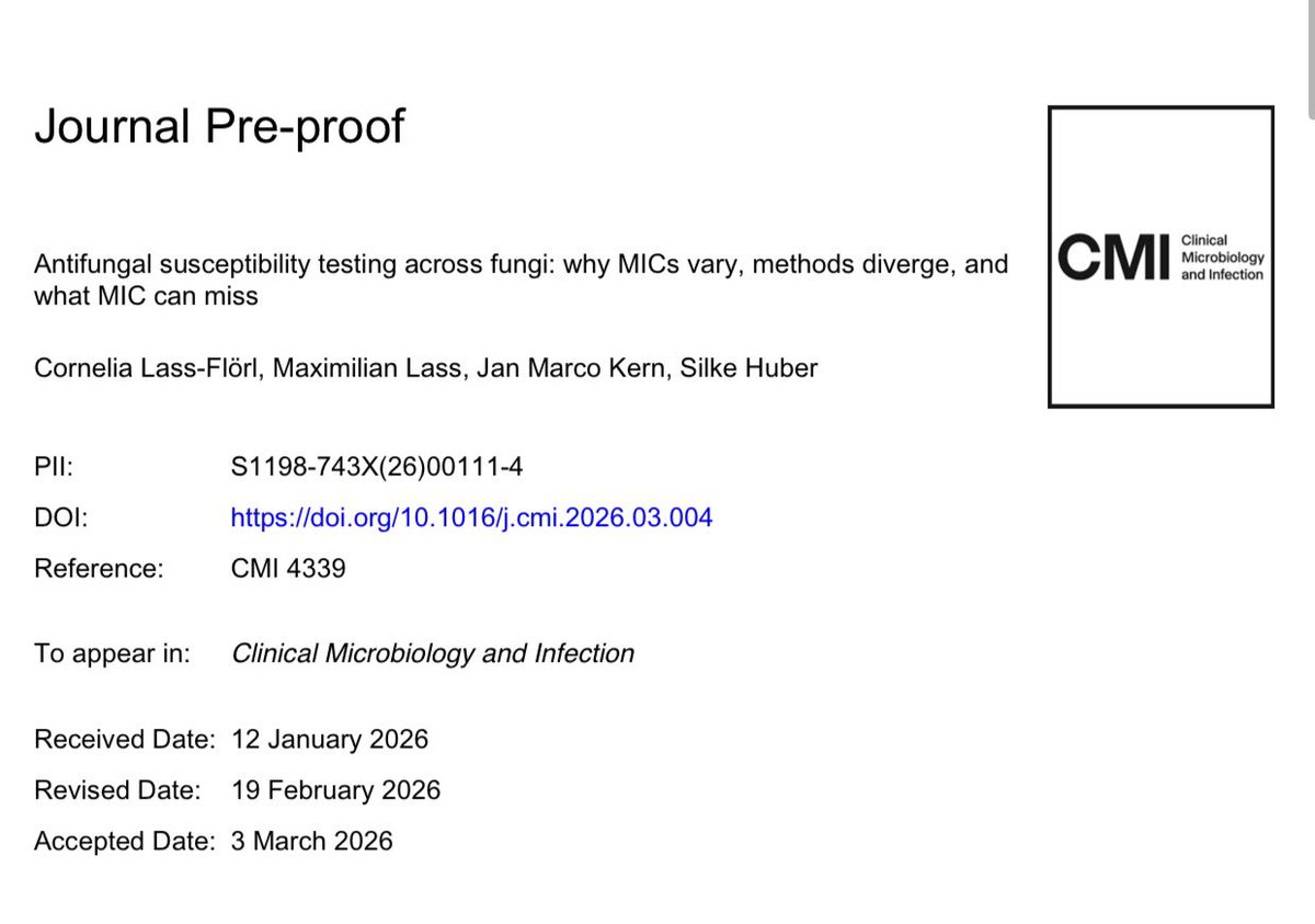 Micro_LaPaz's tweet image. 📄 En el #artículodelasemana os dejamos esta #revisión en @CMIJournal sobre cómo varían CMI para antifúngicos entre métodos 🍄 y cómo interpretar la sensibilidad en clínica👨🏻‍⚕️

👉🏼Estandarizar inóculo
👉🏼Reportar método utilizado
👉🏼Confirmación molecular

clinicalmicrobiologyandinfection.org/article/S1198-…