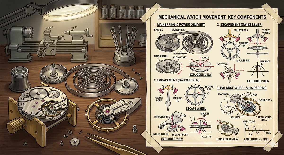 HuiPan1717's tweet image. Mechanical Watch Movement Parts 

🛠️ The mainspring, escapement, and balance wheel are the heart of mechanical watches. Understand how these parts work together to power your watch and maintain precision. 

🔗 soflypart.com/mechanical-wat… 

#Watchmaking #MechanicalMovement #Horology