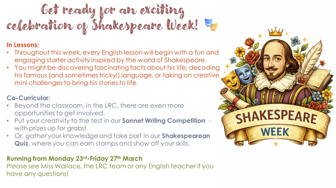 PATKingsSchool's tweet photo. 🎭 It's Shakespeare Week!
Daily English fun: facts, decoding Shakespearea's language & creative challenges. ✍️
📜 Sonnet Competition (with prizes)
🧠 Shakespeare Quiz (earn stamps)
Get involved & get creative! ✨ #ShakespeareWeek https://t.co/c7qZy4hsbO