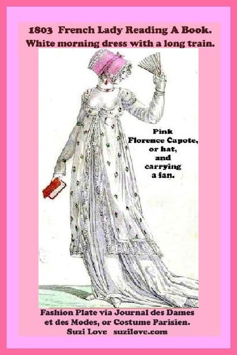 suzilove's tweet photo. 1803 Lady Reading A Book, French. White Dress, Pink Florence Capote or hat, and carrying a fan. #RegencyFashion #Frnce #19thcenturyfashion https://t.co/KLkzES2qSL https://t.co/oWhaMvT0xC