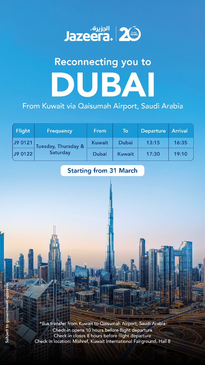 JazeeraAirways's tweet photo. Reopening a global gateway ✈️
Flights to Dubai are back, reconnecting Kuwait to the world 
via Qaisumah Airport (AQI), Saudi Arabia, ensuring safe &amp; reliable travel.

Because connectivity means people, purpose, and staying connected.
#JazeeraAirways #Dubai #Connectivity #Kuwait https://t.co/Vie9M1ZJ8N